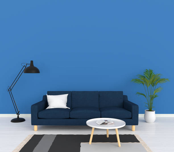 istock blue sofa and lamp in living room, 3D rendering 1011893508