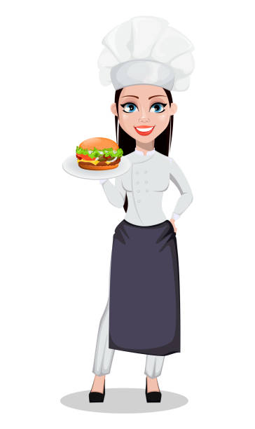 illustrazioni stock, clip art, cartoni animati e icone di tendenza di bella donna fornaio in uniforme professionale - white food and drink industry hamburger cheeseburger