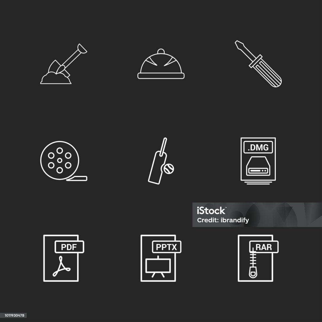 Spade , halmet , screw driver , movie roller,  cricket , bat , ball , dmg apple file , rar , compressed file ,pdf , photoshop , pptx , excel , 9 eps icons set vector Spade , halmet , screw driver , movie roller,  cricket , bat , ball , dmg apple file , rar , compressed file ,pdf , photoshop , pptx , excel , icon, vector, design,  flat,  collection, style, creative,  icons. For web design and application interface, also useful for infographics. Vector illustration.- This Vector EPS 10 illustration is best for print media, web design, application design user interface and infographics with well composed layers for the ease of user. Design stock vector