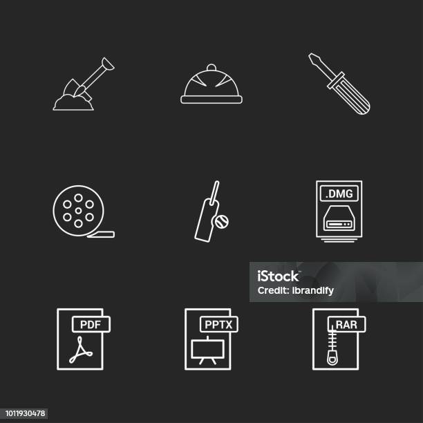 Spade Halmet Screw Driver Movie Roller Cricket Bat Ball Dmg Apple File Rar Compressed File Pdf Photoshop Pptx Excel 9 Eps Icons Set Vector Stock Illustration - Download Image Now