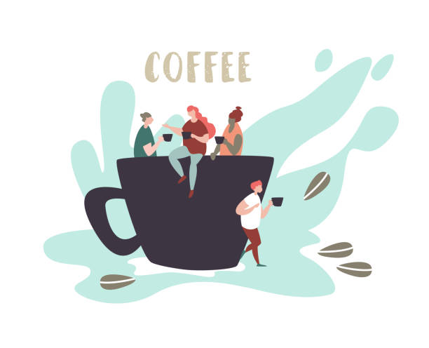 Small people sit on a large cup, drink and talk Vector illustration of small people sit on a large cup, drink and talk . Concept coffee break, coffee shop, communication and relaxation coffee break stock illustrations