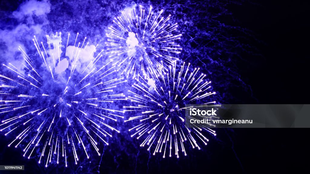 Amazing fireworks flowers on the night sky. Brightly blue fireworks on dark black color background. Holiday relax time with a pyrotechnic show. Festive event accompanied by holiday salves Anniversary Stock Photo