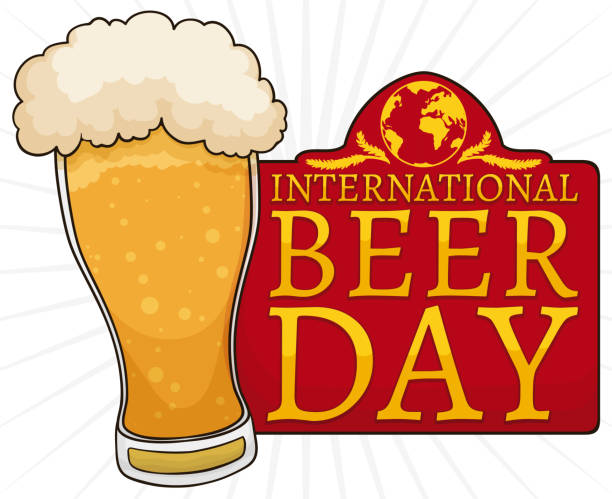 пиво, знак с глобусом и ячменем на межд�ународный день пива - mug beer barley wheat stock illustrations
