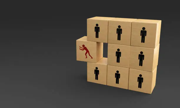 A runaway wooden cube with pushing stickman symbol. Can be used standing out from the crowd, freedom and betrayal concepts. ( 3d render )