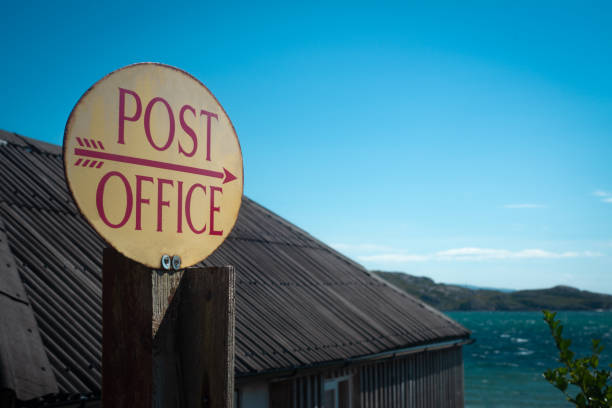 Rural Post Office Sign on the Island of Iona With Sea and the Isle of Mull in the Background