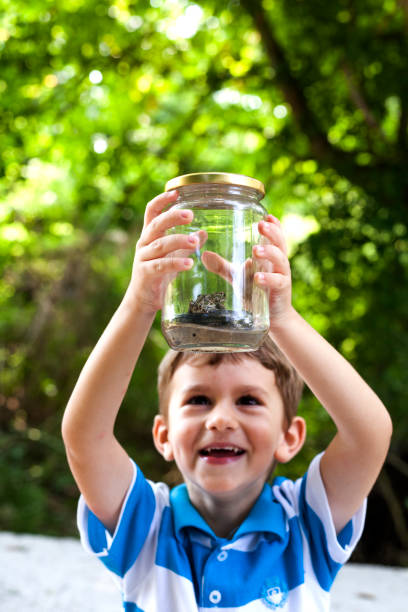 istock child observe a frog in a jar 1011955108