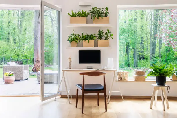 Photo of Zen home office with computer in a beautiful, spacious living room interior with plants and an outside view through big windows