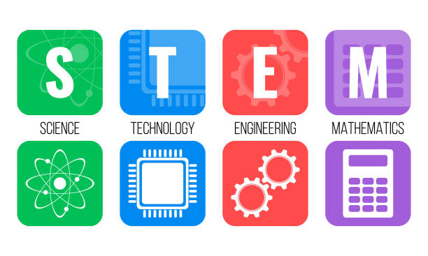 illustrazioni stock, clip art, cartoni animati e icone di tendenza di stem - scienza, tecnologia, ingegneria, matematica. concetto di istruzione - stem tematica