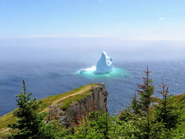 An iceberg floats close to shore along the rugged coastline of the east coast trail, near Trinity, Newfoundland and Labrador, Canada