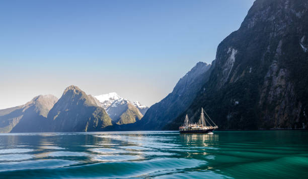 milford sound ze statkiem wycieczkowym podczas wschodu słońca we wczesnych godzinach porannych - new zealand forest landscape mountain zdjęcia i obrazy z banku zdjęć