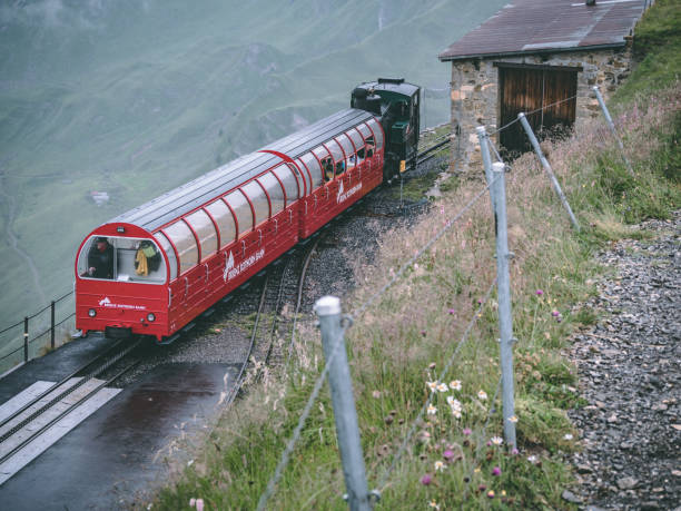 29.07.2018 brienzer rothorn - velho trem de fluxo que chega sobre o brienzer rothorn em alp o suíço - brienz house switzerland european alps - fotografias e filmes do acervo