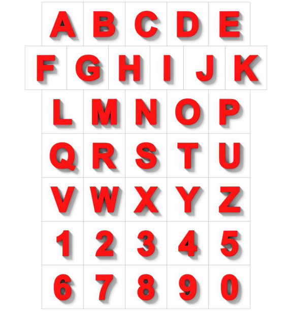 lettere e numeri 3d rosso isolato su bianco con ombra - proiezione ortogonale - red text foto e immagini stock