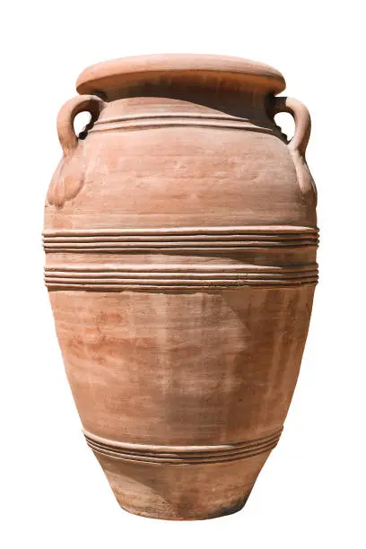 Photo of old clay amphora on white