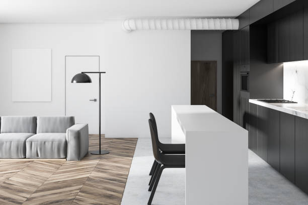 istock White and black kitchen and living room 1011987812