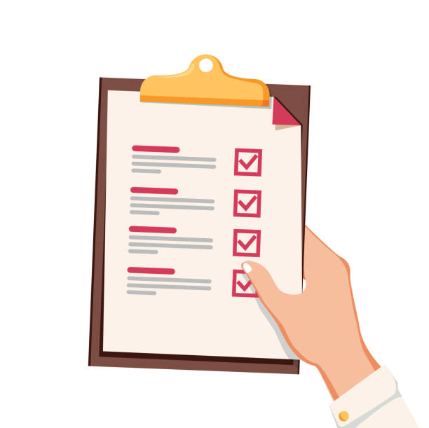 Hand with checklist. Hand holding and completing checklist on clipboard. Business concept. Clipboard with checklist icon. Hand with checklist. Hand holding and completing checklist on clipboard. Business concept. Clipboard with checklist icon. Document list with filled task boxes, survey or test vector illustration. person writing on notepad stock illustrations