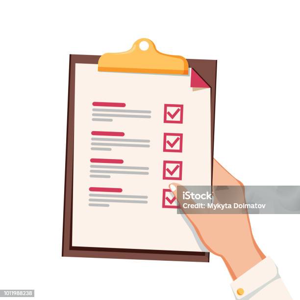 Hand With Checklist Hand Holding And Completing Checklist On Clipboard Business Concept Clipboard With Checklist Icon Stock Illustration - Download Image Now