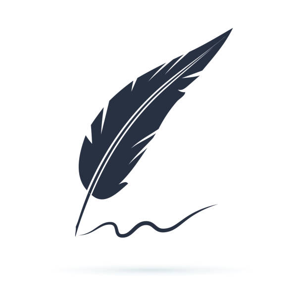 Old calligraphy vector icon illustration isolated on white background Old calligraphy vector icon illustration isolated on white background. Writing with old quill pen. Historical atmosphere. Calligraphic black feather icon. Handwriting sign for signature or lettering ancient writing tool stock illustrations