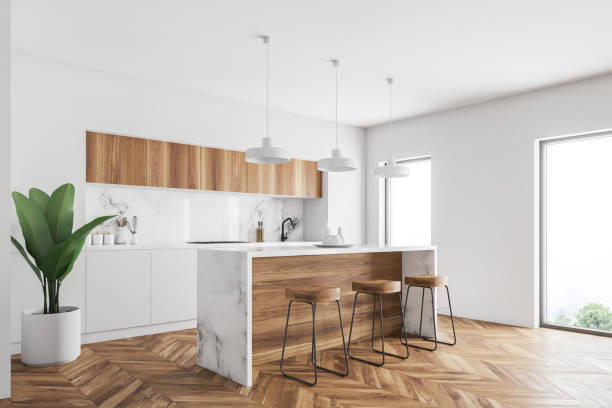 istock Wooden bar in a white kitchen corner 1011988606