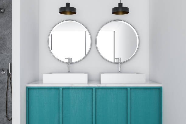 istock Double vessel sink in a blue white bathroom 1011991788