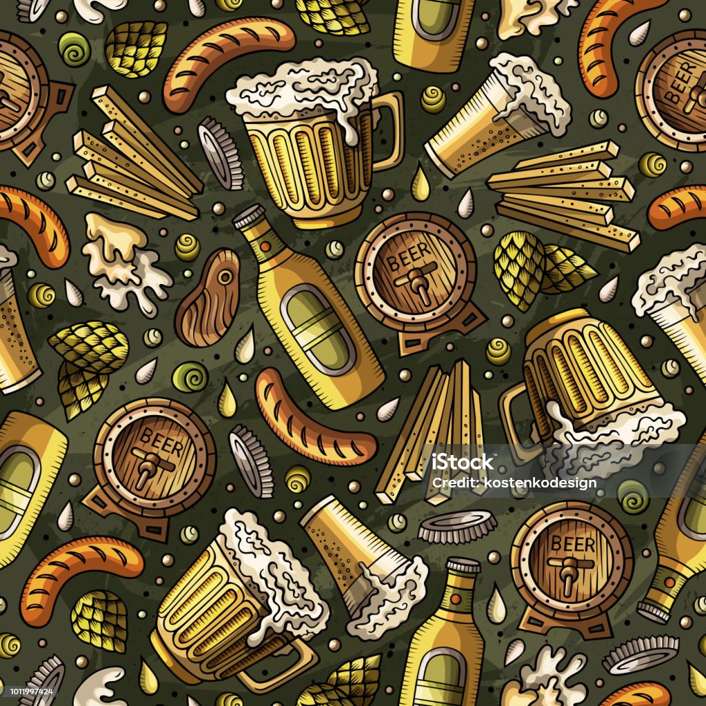 Cartoon cute hand drawn Beer fest seamless pattern Cartoon cute hand drawn Beer fest seamless pattern. Colorful with lots of objects background. Endless funny vector illustration Abstract stock vector