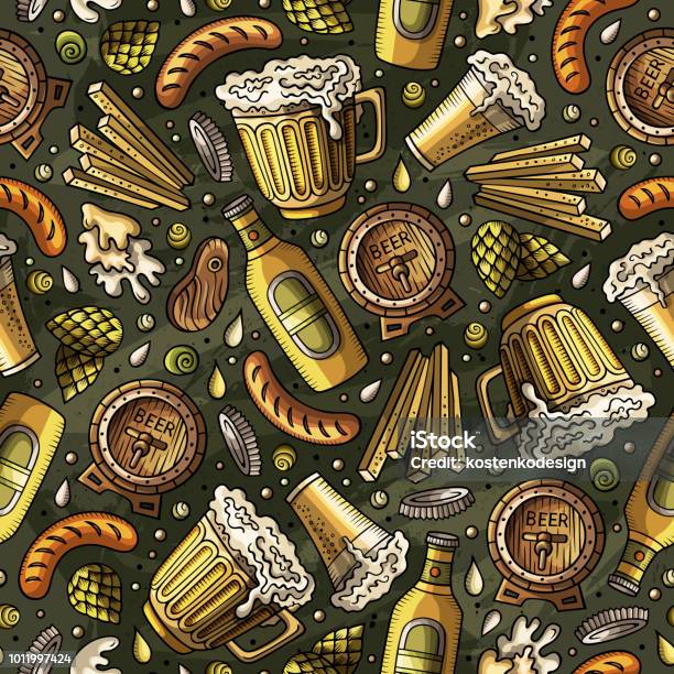 Cartoon Cute Hand Drawn Beer Fest Seamless Pattern Stock Illustration - Download Image Now - Abstract, Accordion - Instrument, Alcohol - Drink