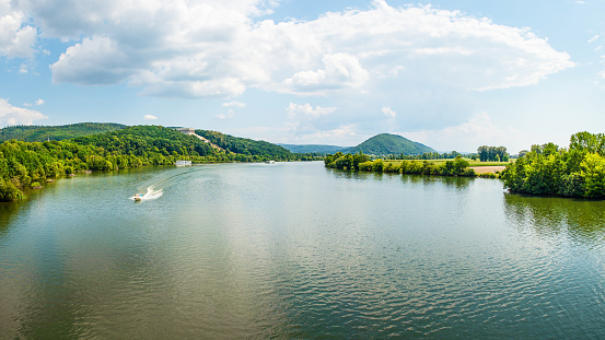 Panoramic landscape, ship ride along the Danube River to the Walhalla memorial, tourism and famous places, Donaustauf, Germany