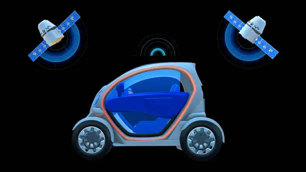 Photo of Driverless vehicle, autonomous electric car driving with two satellites on black background, futuristic car, side view, 3D render