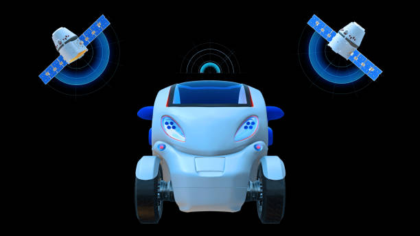 istock Driverless vehicle, autonomous electric car driving with two satellites on black background, futuristic car, front view, 3D render 1012010976