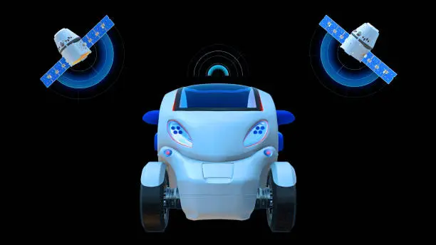 Photo of Driverless vehicle, autonomous electric car driving with two satellites on black background, futuristic car, front view, 3D render