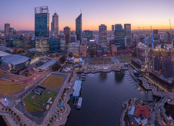 Perth Sunrise Aerial Skyline Perth Sunrise Skyline swan at dawn stock pictures, royalty-free photos & images