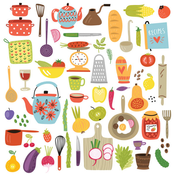 illustrazioni stock, clip art, cartoni animati e icone di tendenza di set vettoriale cucina - seamless restaurant vegetable tomato