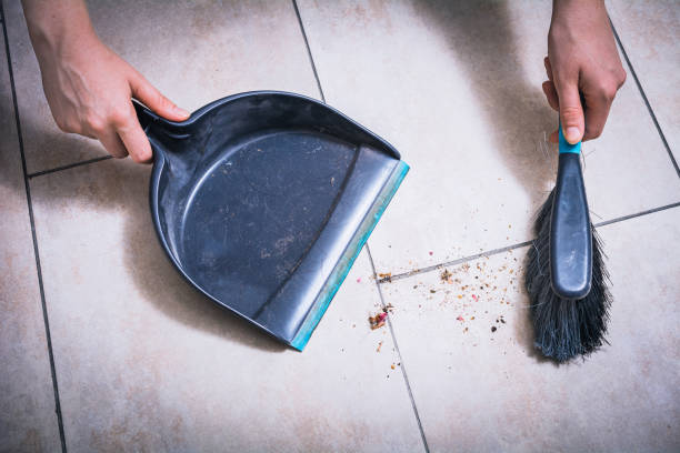 Cleaning Dust On Tile Floor With Brush And Dustpan Holded By Female Hands, High Angle View stock photo