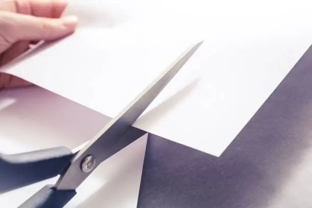 Photo of Pair Of Scissors Cutting White Paper, Holded By Female Hands
