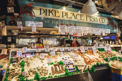 Seattle, Washington, USA - July 6, 2018: The variety of seafood selling at Pike Place Fish Market in Seattle, Washington, USA