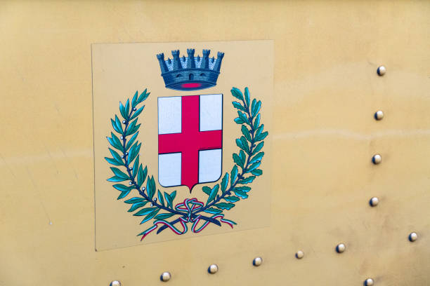 Milan, Italy - July 29, 2018: Milan coat of Arms flag. The flag bears the emblem of the city of Milan, the historical coat of arms. It 'a not recognized flag but widespread at the city level