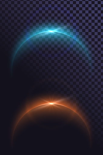 Glowing archs on a transparent background, glowing edge effect, eclipse, the edge of the planet and the rays of the sun