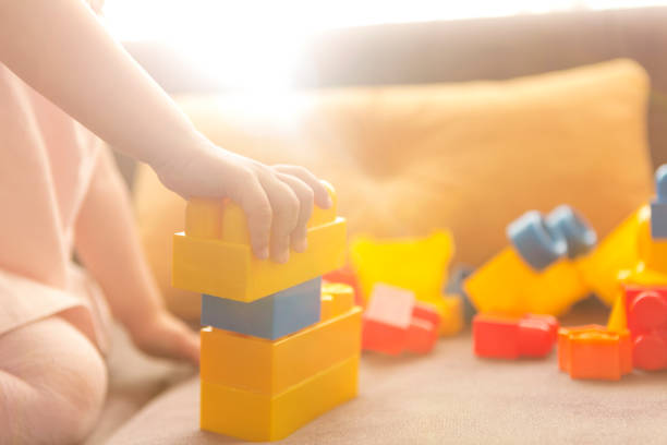 istock Little girl playing with colorful plastic blocks 1012051178