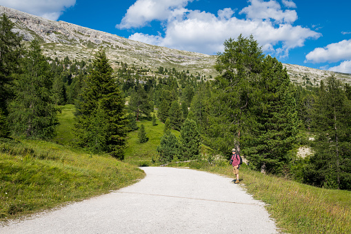 Senior hiker on a beautiful plateau Prato Piazza in Dolomites, Southern Tyrol, Alps, Italy. Nikon D850.