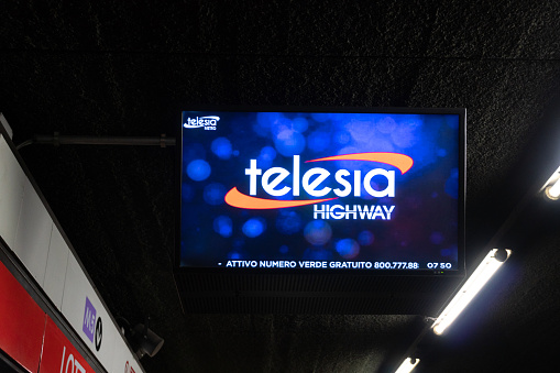 Milan, Italy - July 29, 2018: Telesia train logo on tv monitor. It is the TV on the Rome underground trains