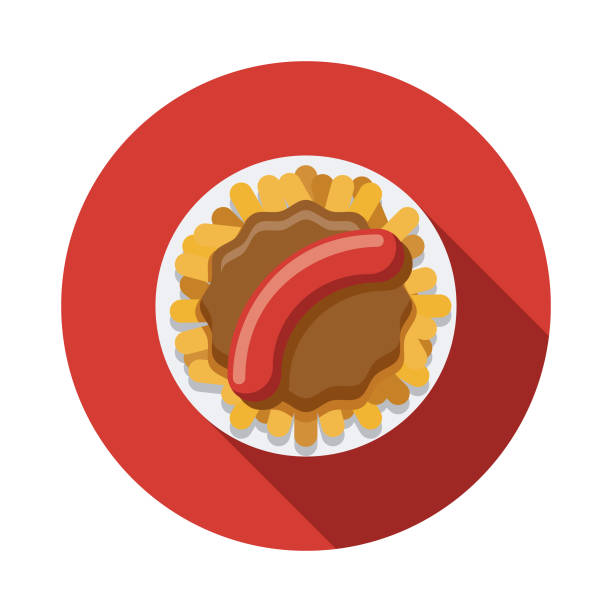 ilustraciones, imágenes clip art, dibujos animados e iconos de stock de icono del currywurst plana diseño alemania - comida alemana