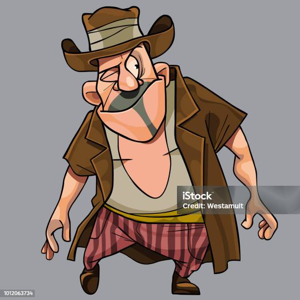 Cartoon Funny With A Cunning Squinting Man A Robber In A Hat Stock  Illustration - Download Image Now - iStock