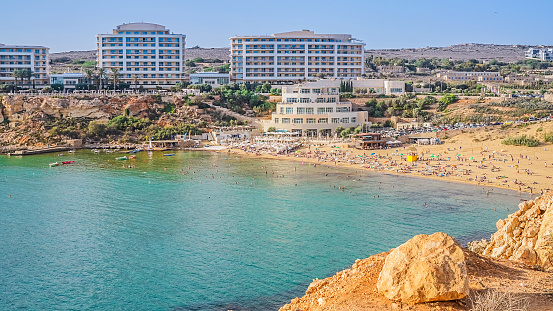 Panoramic view of the most famous complex of hotels in Malta in Golden Bay