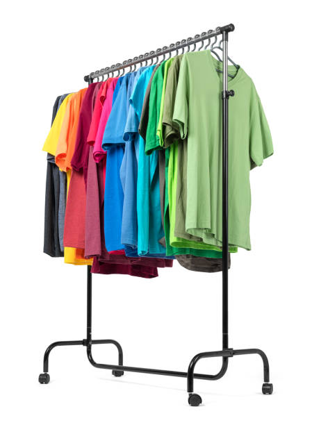istock Mobile rack with color clothes on white background 1012083638