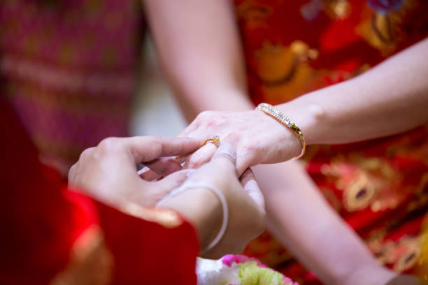 istock Wedding rings.He Put the Wedding Ring on Her.Close up Groom Put the  Ring on bride. 1012084018