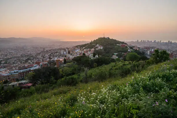 Photo of Beautiful viewpoint of Barcelona at sunrise, natural location in spring.