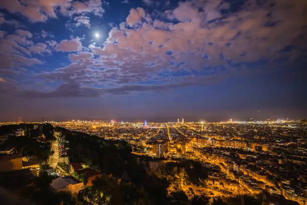 Photo of Barcelona at night. Blue hour, city lights, Spain