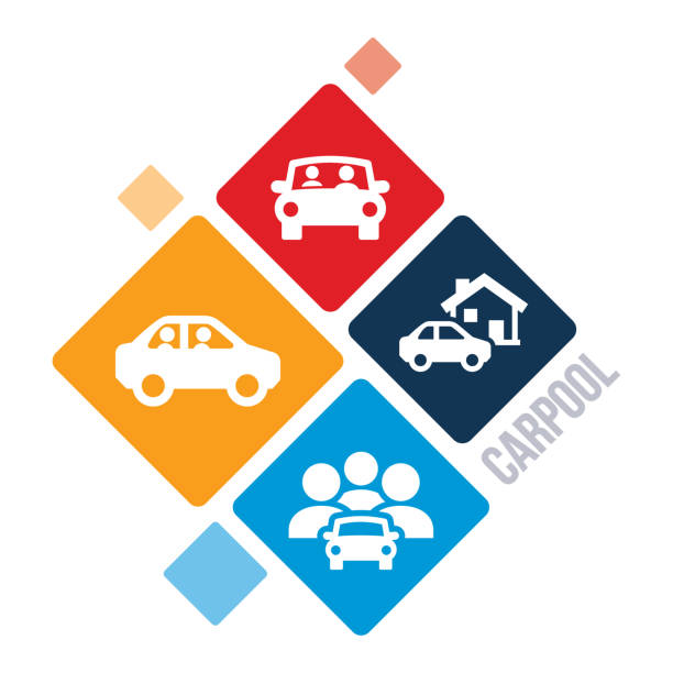 Carpool Illustration An illustration of carpool and rideshare related icons on top of a colored grid pattern. uber driver stock illustrations