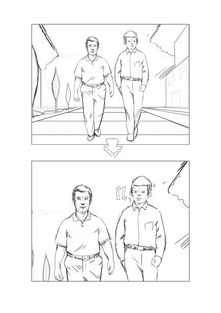 ilustrações, clipart, desenhos animados e ícones de mão de storyboard, desenho de dois homens andando no parque conversando entre si, um deles é o noding, o conceito de casal gay - homosexual couple illustrations