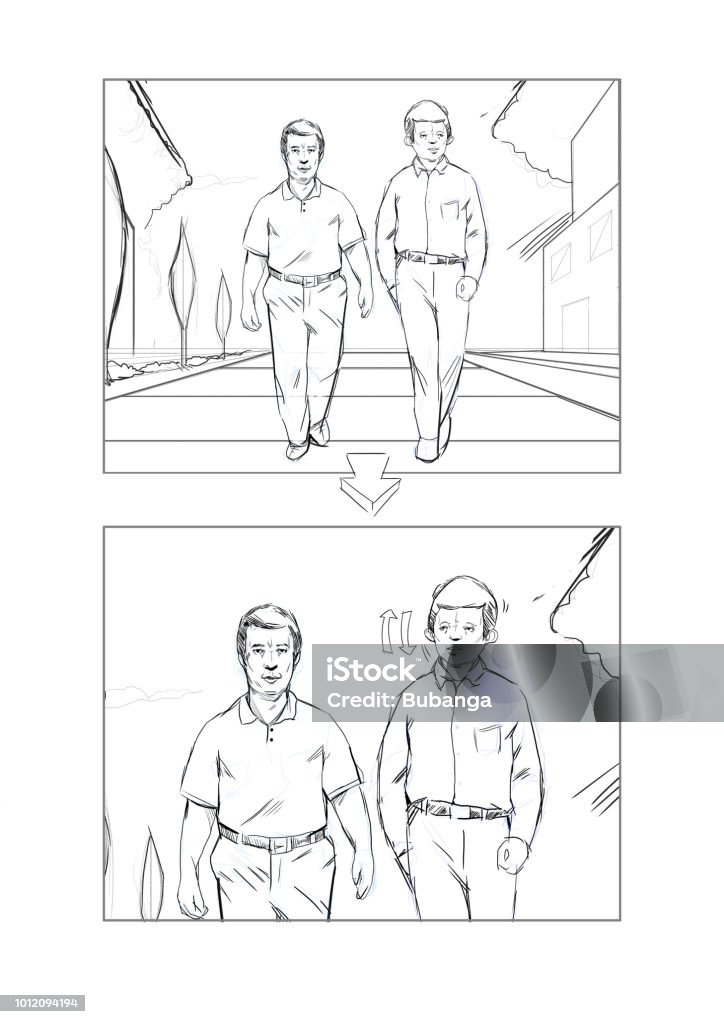 Storyboard hand drawing of two men walking in the park talking each other, one of them is noding, gay couple concept Storyboard concept two men walking and talking, gay couple concept Storyboard stock illustration