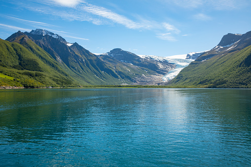 Lake Svartisvatnet in Helgeland, Nordland, Norway, with Svartisen glacier in the background